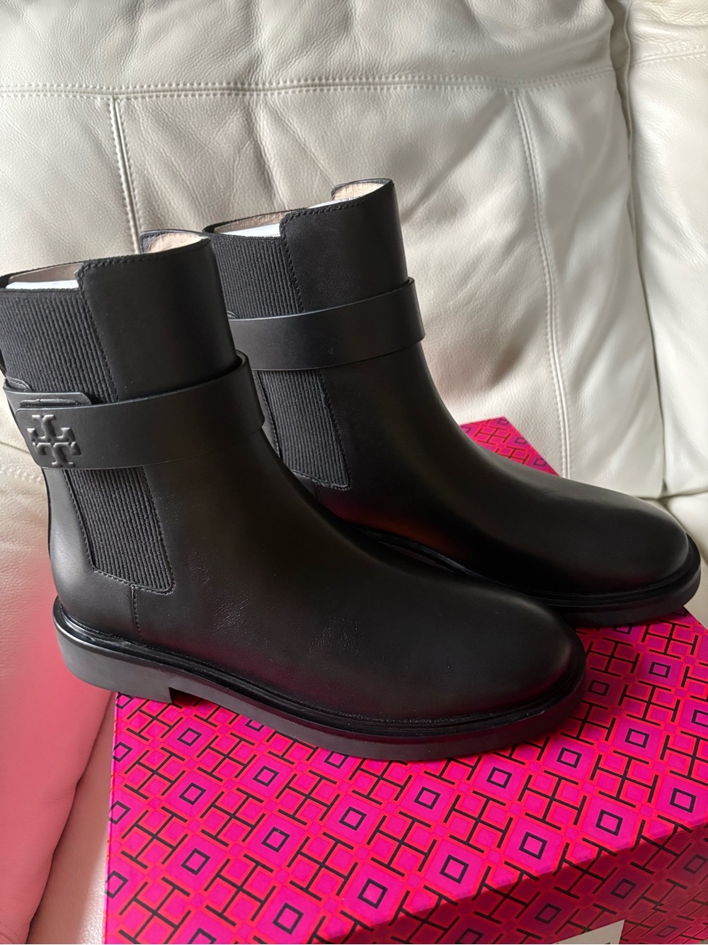 Tory Burch Black Leather Chelsea Ankle Boots with Logo Strap
